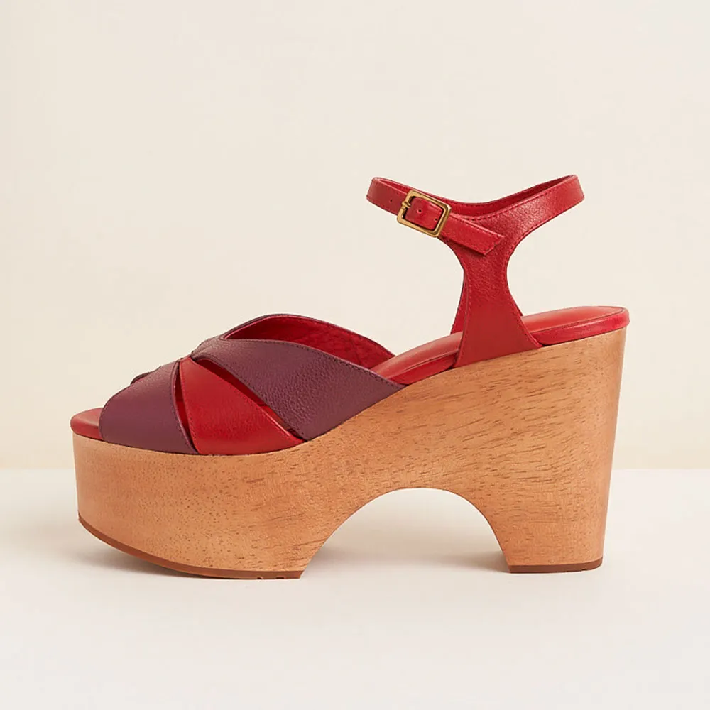 Red & Burgundy Peep Toe Ankle Strap Platform Sandals for Women