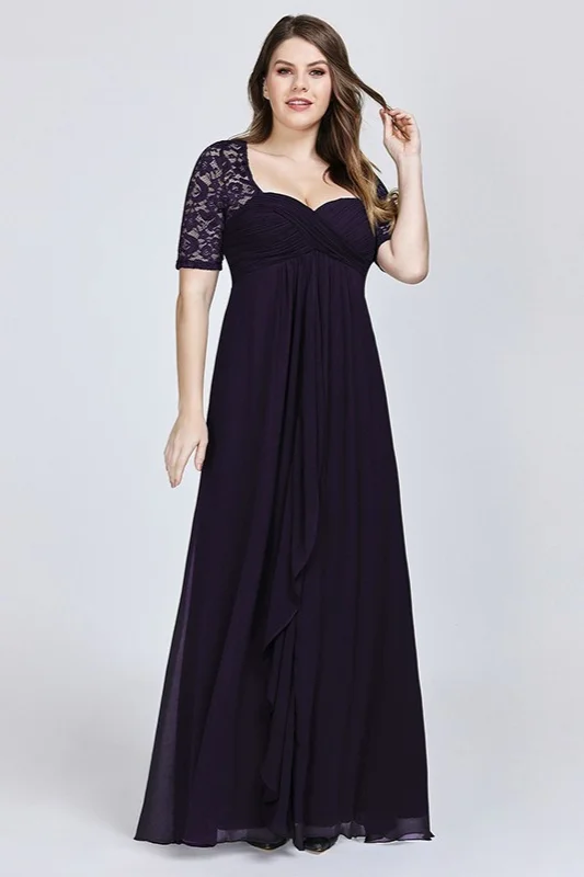 Gorgeous Short Sleeve Lace Chiffon Long Plus Size Prom Dress