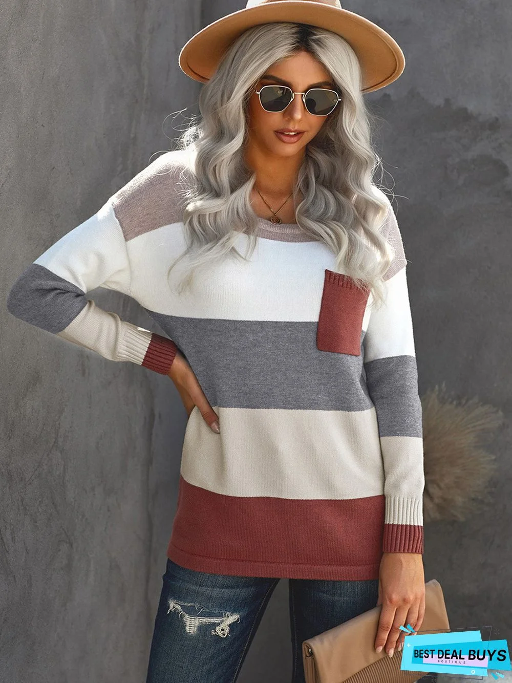 White Casual Knitted Striped Tops