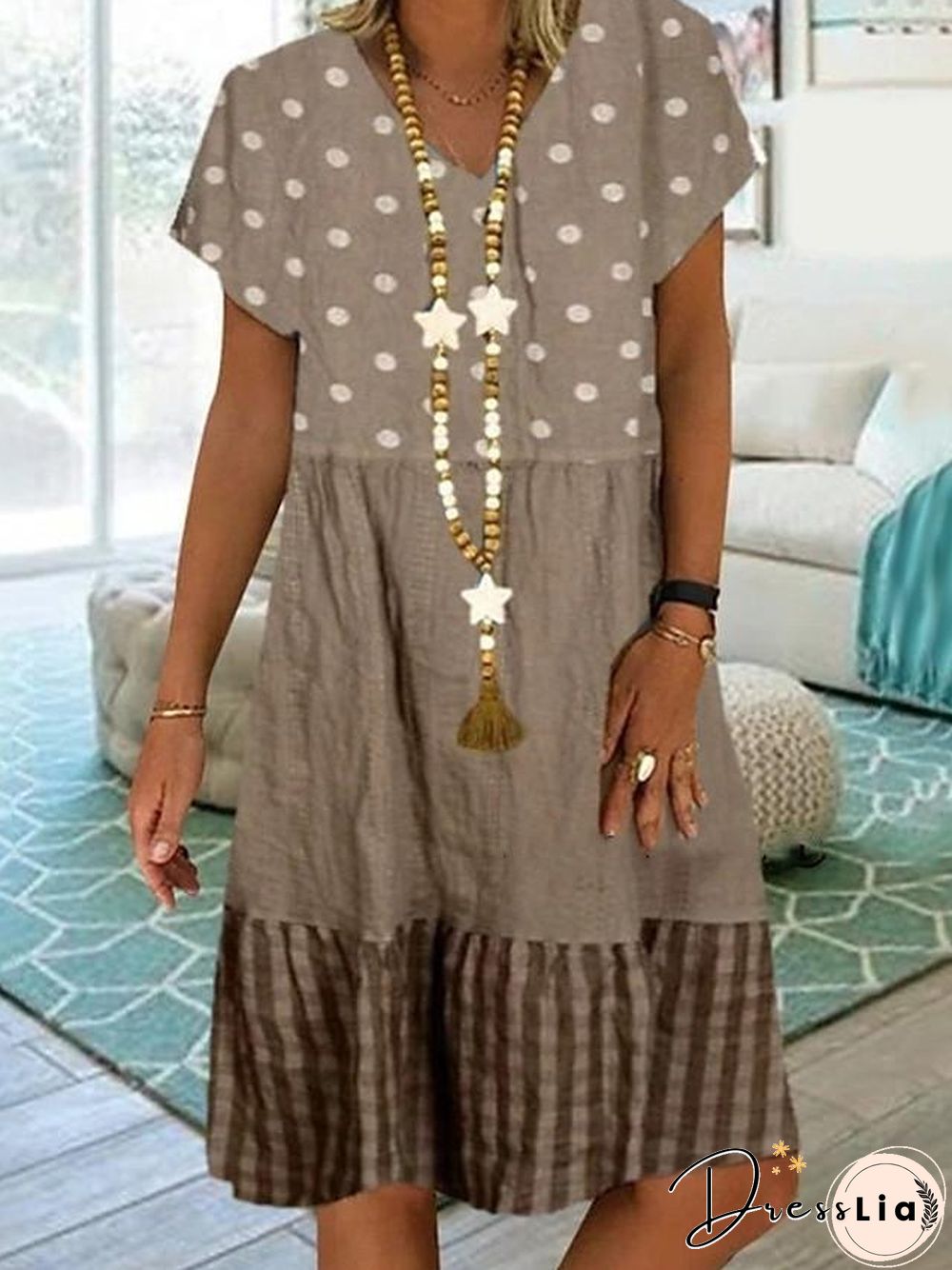 Women's Knee Length Dress - Short Sleeve Polka Dot Print Summer Plus Size Hot Casual Blue Khaki Green M L XL XXL 3XL 4XL 5XL