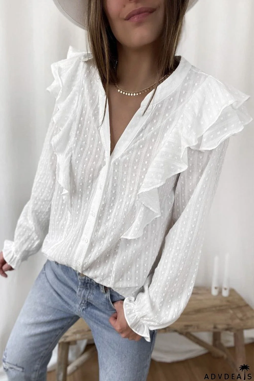 Dotted Texture Sheer Ruffles Bubble Sleeves Shirt