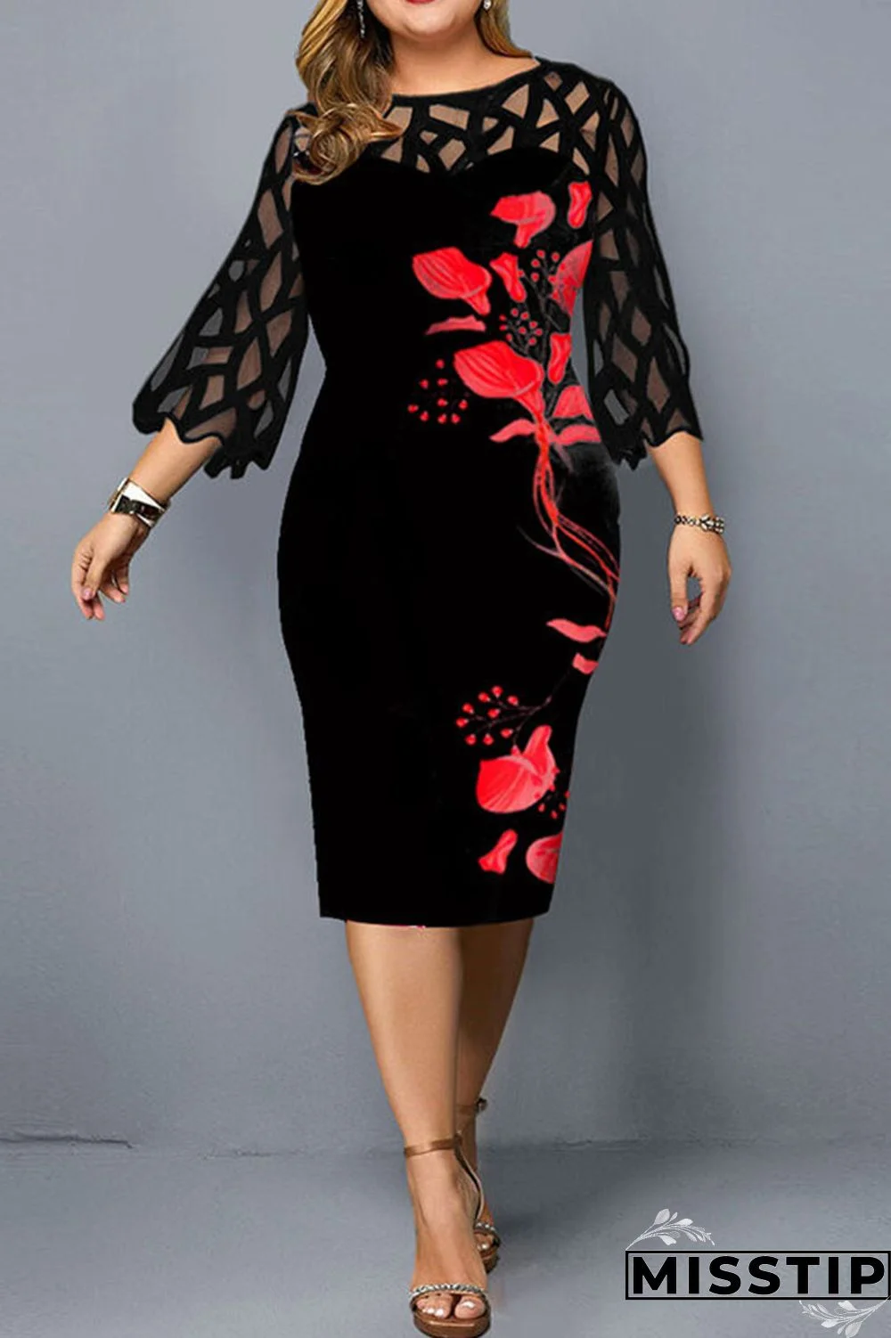Black Casual Print Patchwork O Neck Straight Plus Size Dresses