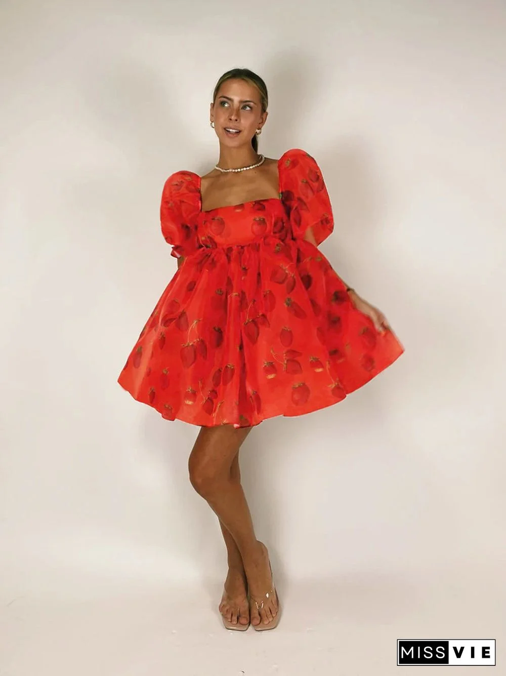 Elegant Print Puff Dress For Women Summer Dresses New Holiday Party Square Neck Short Puff Sleeves Swing Mini Dress