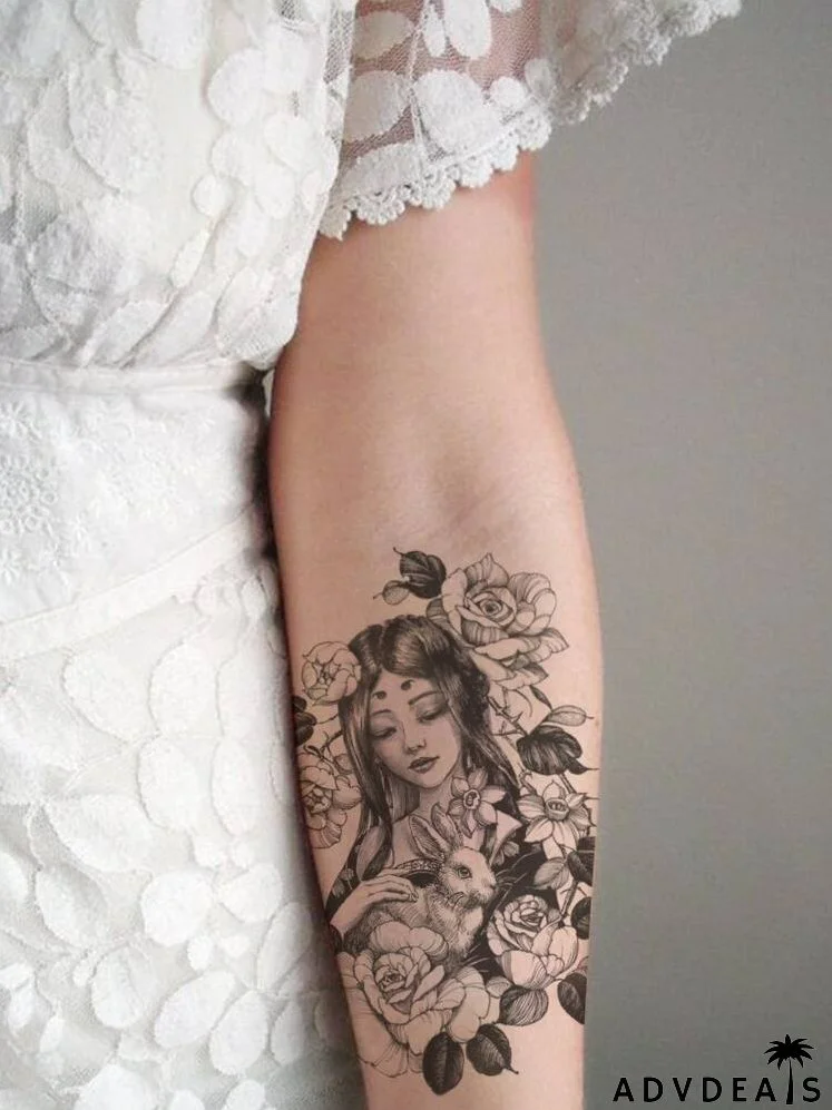 Figure & Flower Pattern Temporary Tattoo