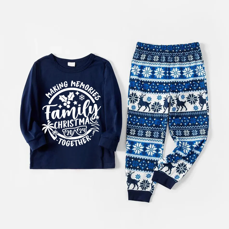Christmas Make Memories Together 2024 Print Blue Family Matching Pajamas With Dog bandana