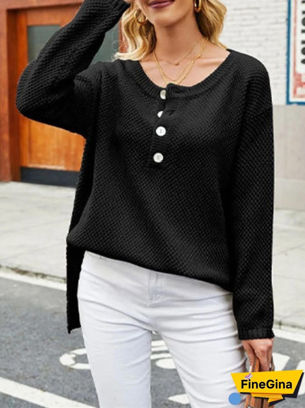 Women's Long Sleeve Scoop Neck Button Tops