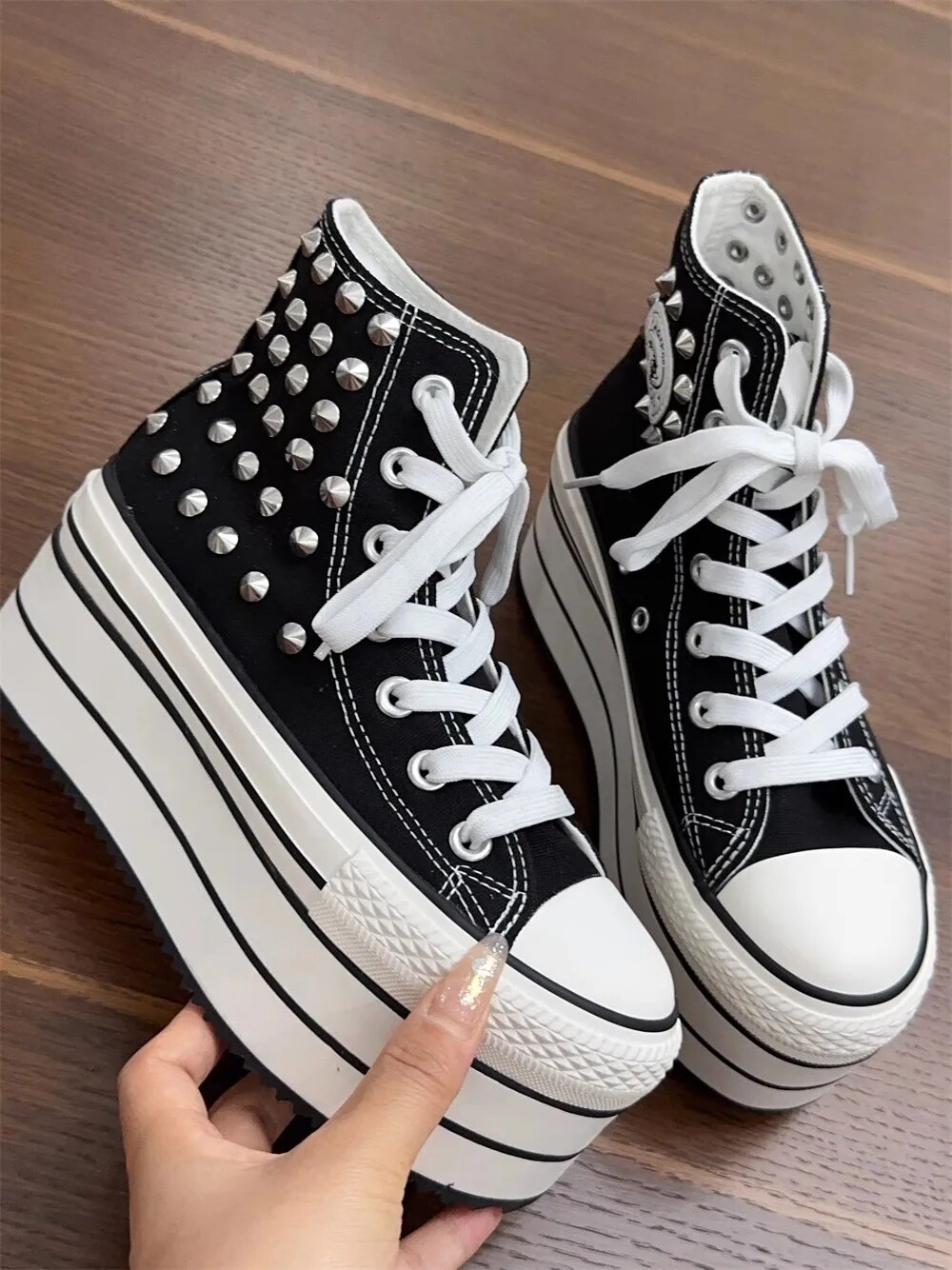 VCshoes Women Black Canvas Shoes Woman High Thick Wedges Heels Pumps Lady Dress Party Shoes 32-47 Cool Punk Rivets Shoes