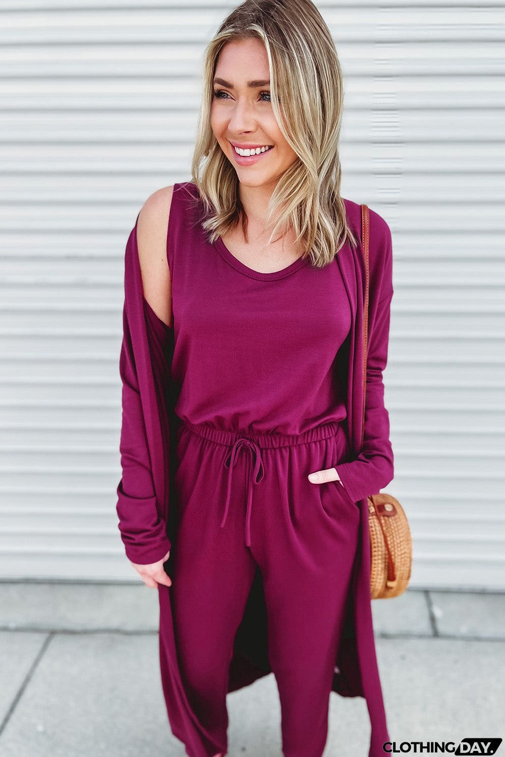 Elastic Drawstring Waist Jumpsuit and Duster Set