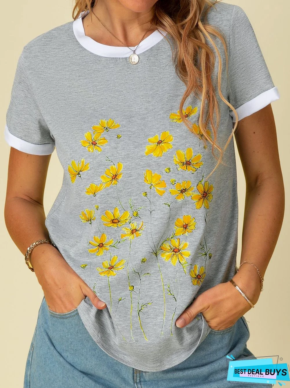 Short Sleeve Floral Casual Crew Neck T-shirt
