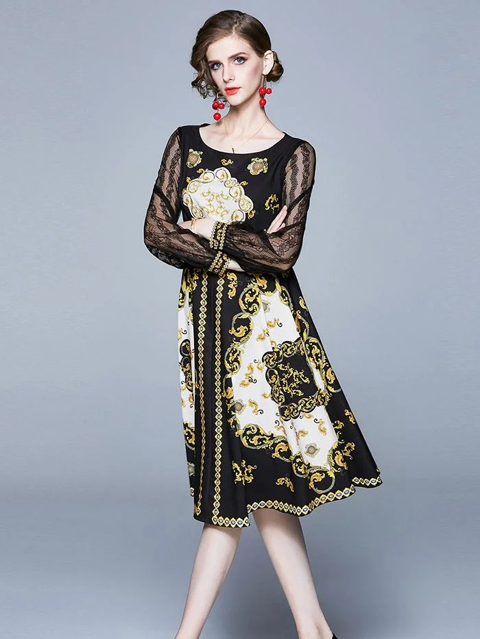 Printed round neck and large hem mid-length dress