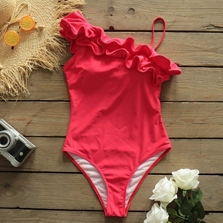 Flaxmaker One Shoulder Ruffle Red Sexy One Piece Swimsuit