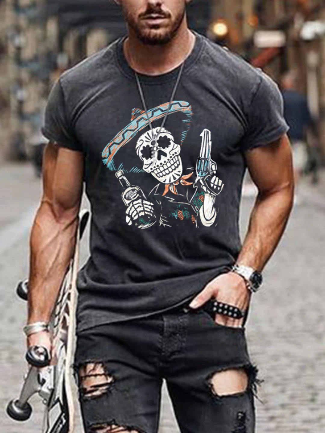 Mexican Skull Print Casual Men's T-shirt