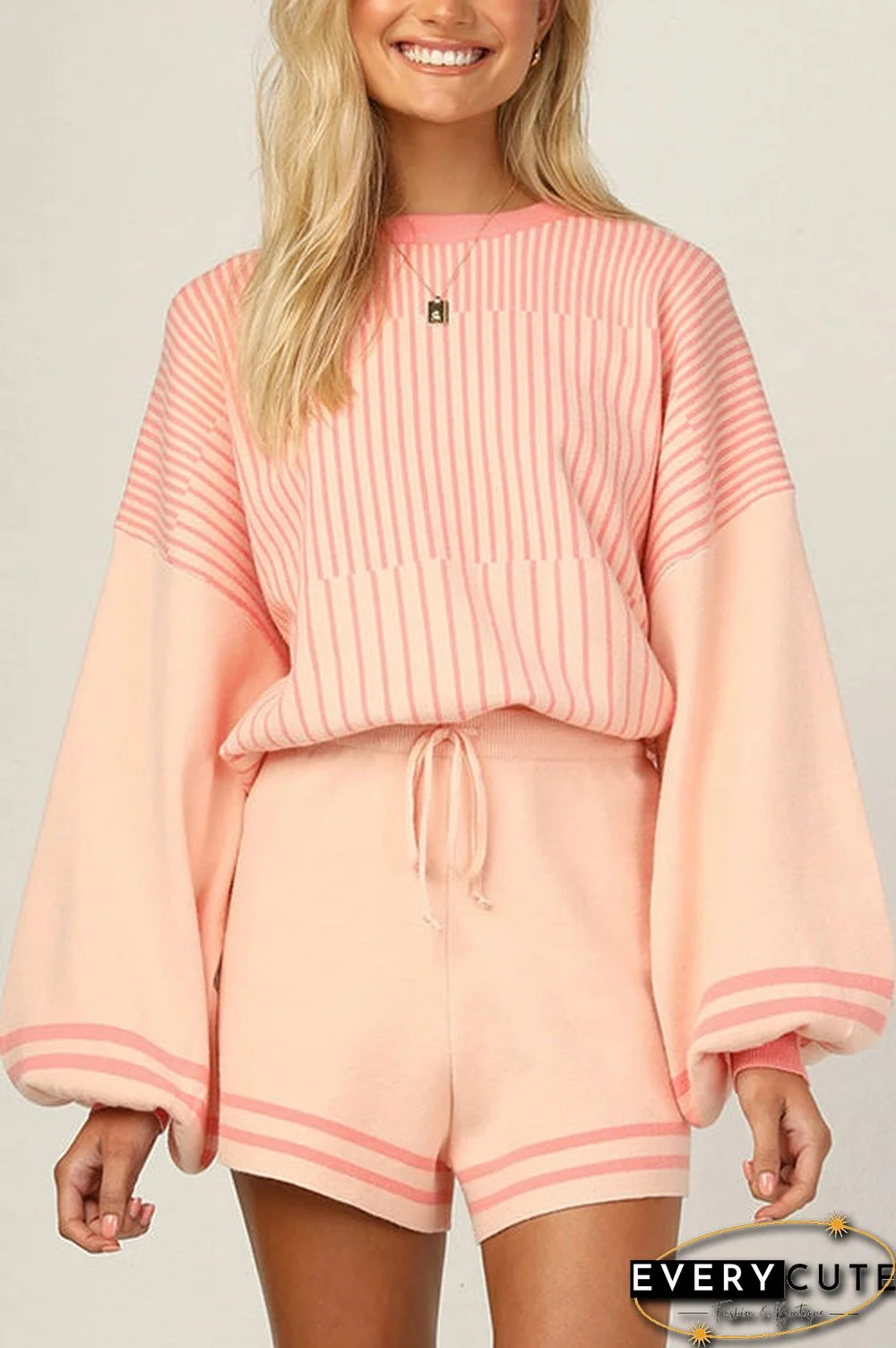 Gradient Stripe Puff Sleeve Sweater Shorts Set