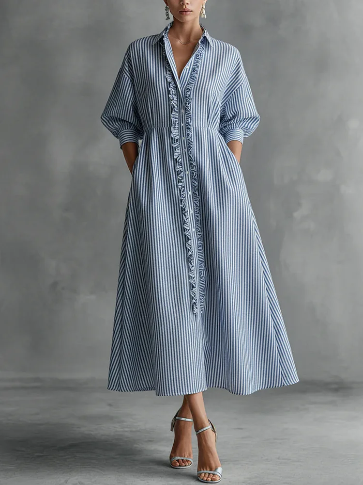 Casual Ruffled Striped Shirt Dress