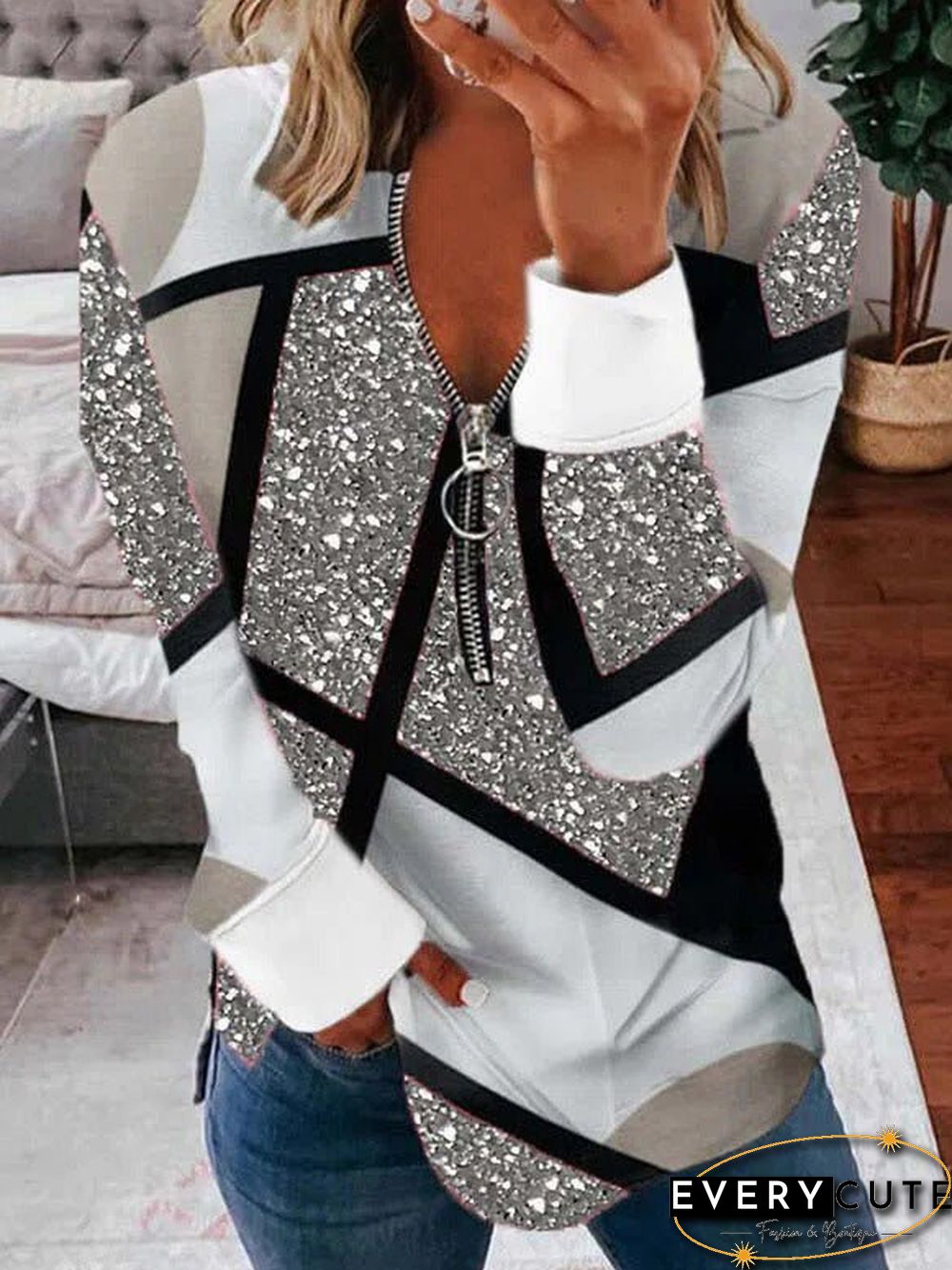 Women'S T-Shirts Casual Print V-Neck Zip Long Sleeve T-Shirt