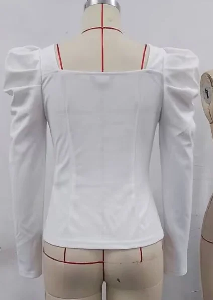 Wongn Wongn New Women's Lace Lace Decorated With Bubble Sleeves Long Sleeves V-Neck T-Shirt Slim Top