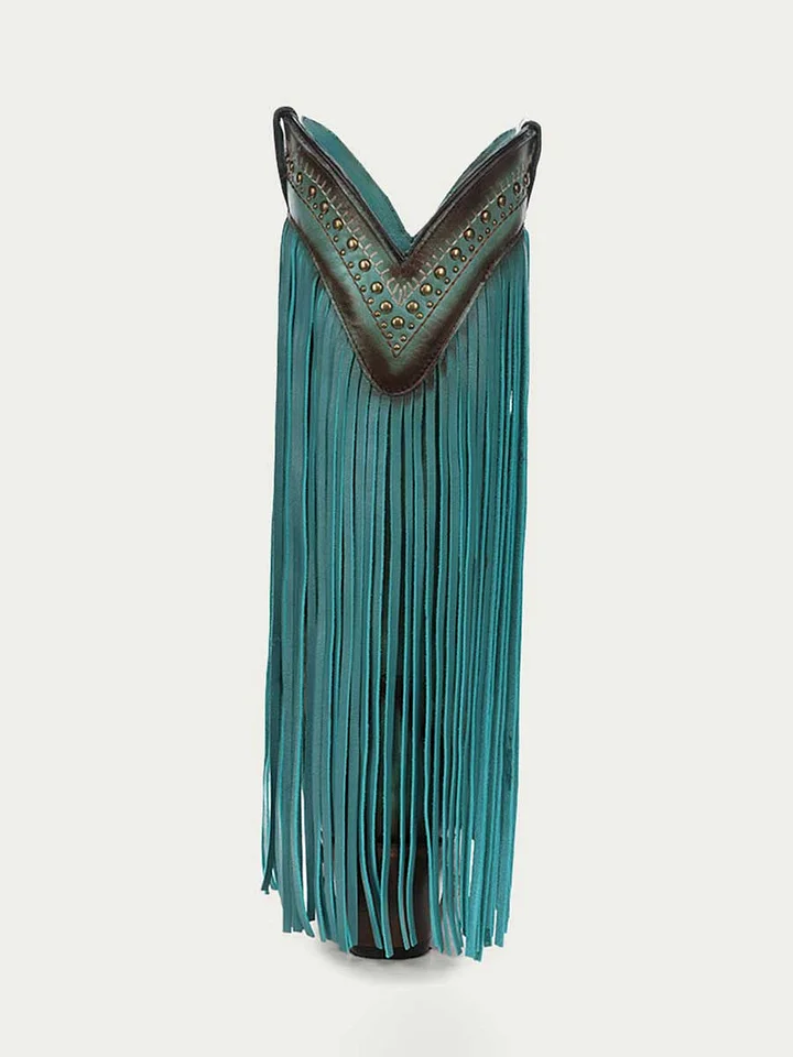 Turquoise Distressed Snip Toe Fringe Studded Wide Calf