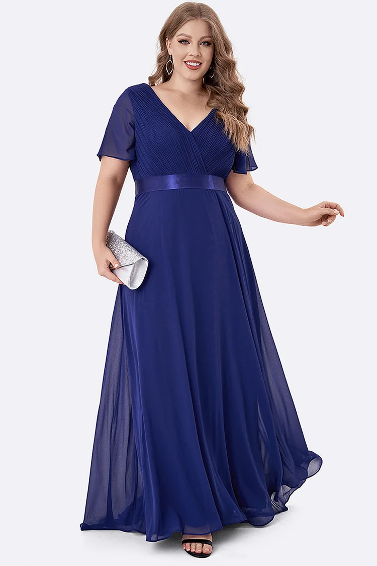 Flycurvy Plus Size Mother Of The Bride Navy Blue Chiffon Flare Sleeve Pleated Tunic Maxi Dress  Flycurvy [product_label]