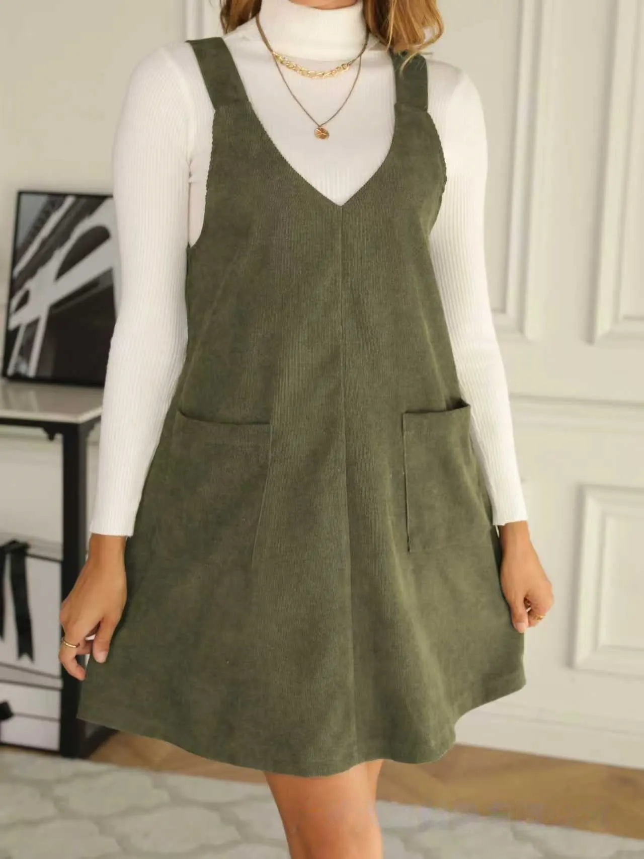 Women's Corduroy V Neck Pinafore Dress