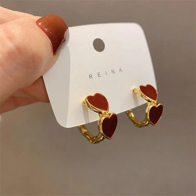 Wine Red Peach Heart Earrings