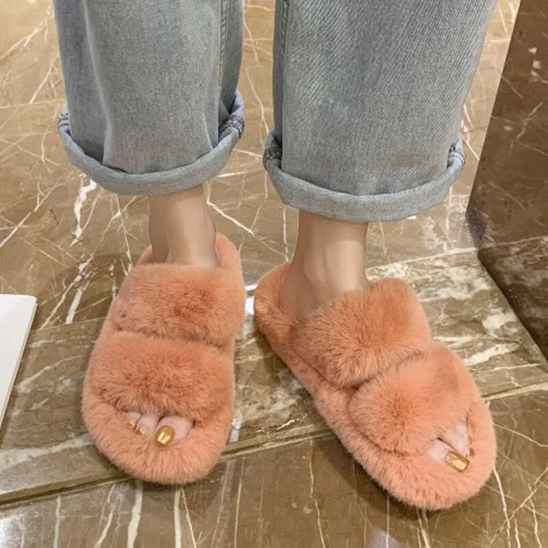 Winter Women Slippers Faux Fur Home Cozy Furry Slides Comfortable Open Toe Designer Fluffy Black Plush Warm House Women Shoes