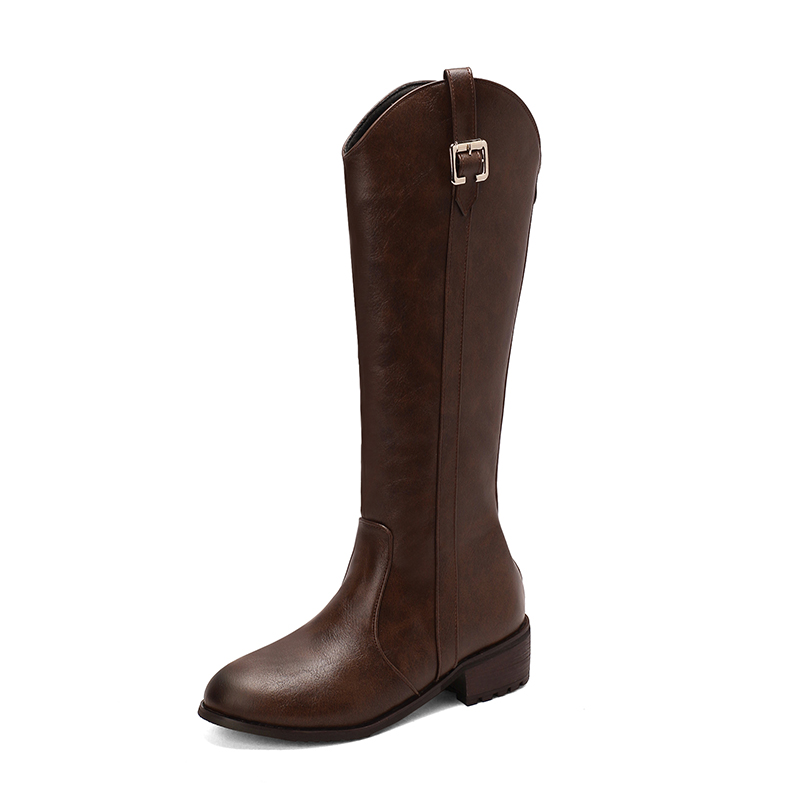 GOOSHOE Round Head Thick Heel Metal Belt Buckle Knight Boots Zipper Short Plush Inner Lining Knee High Boots