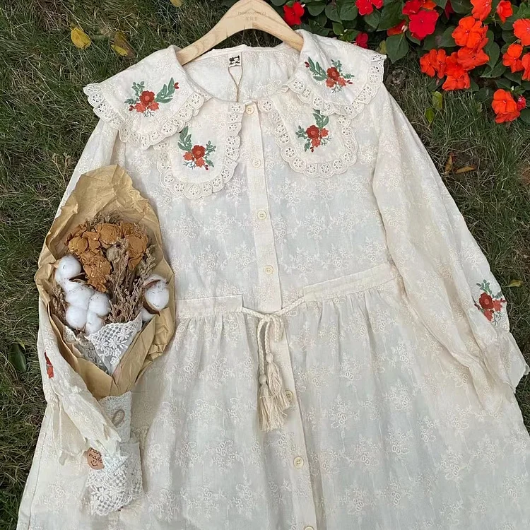 Queenfunky cottagecore style Cute Embroidered Lace Collar Dress With Drawstring QueenFunky