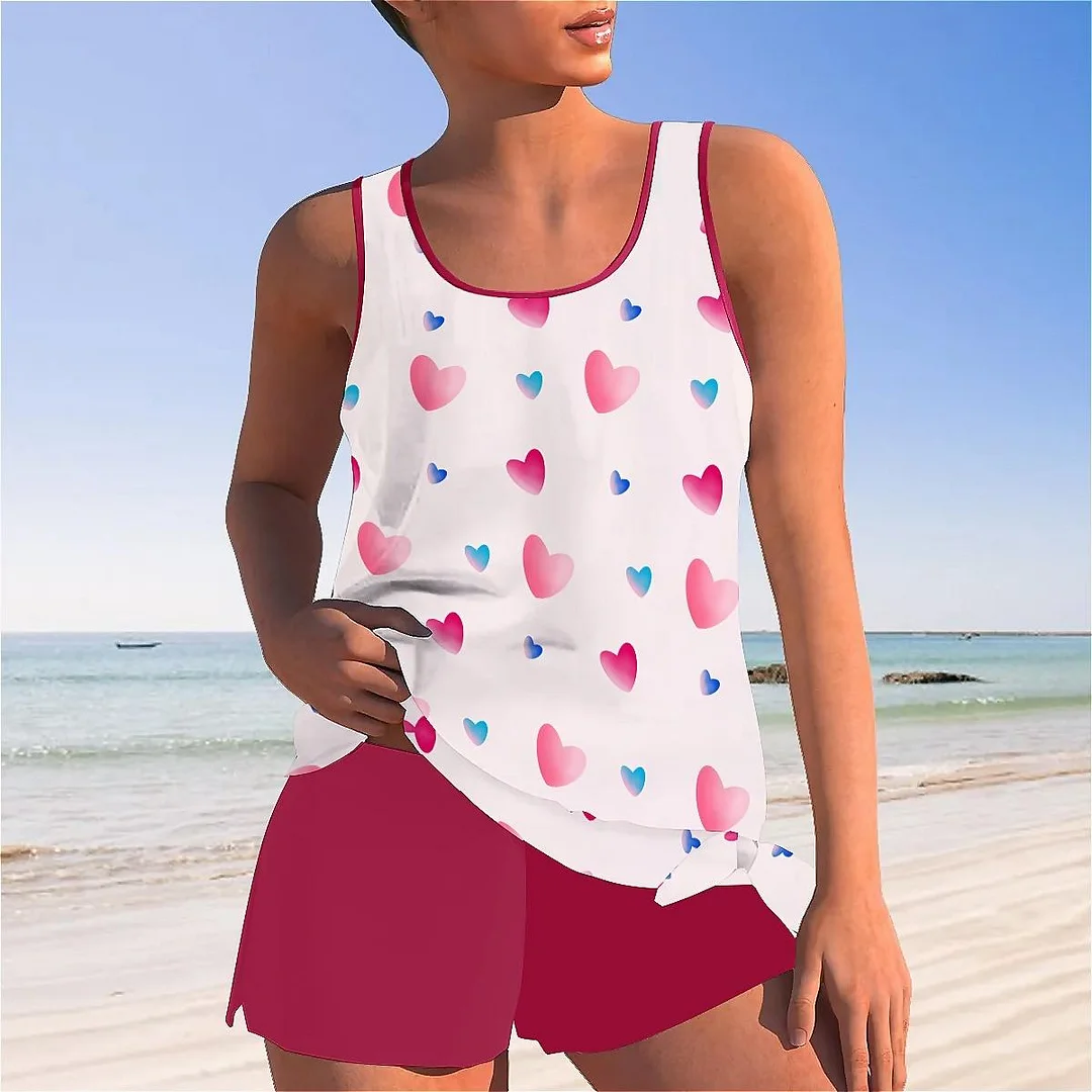 Bowknot Heart,Love,Valentine's Day Mid Waisted Tankini Set - Plus Size Available