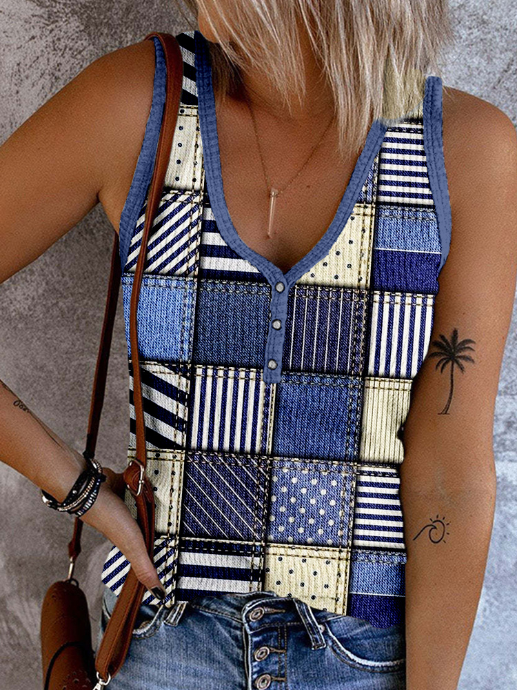  Denim Patchwork Pattern Button Up Tank Top Westsshops