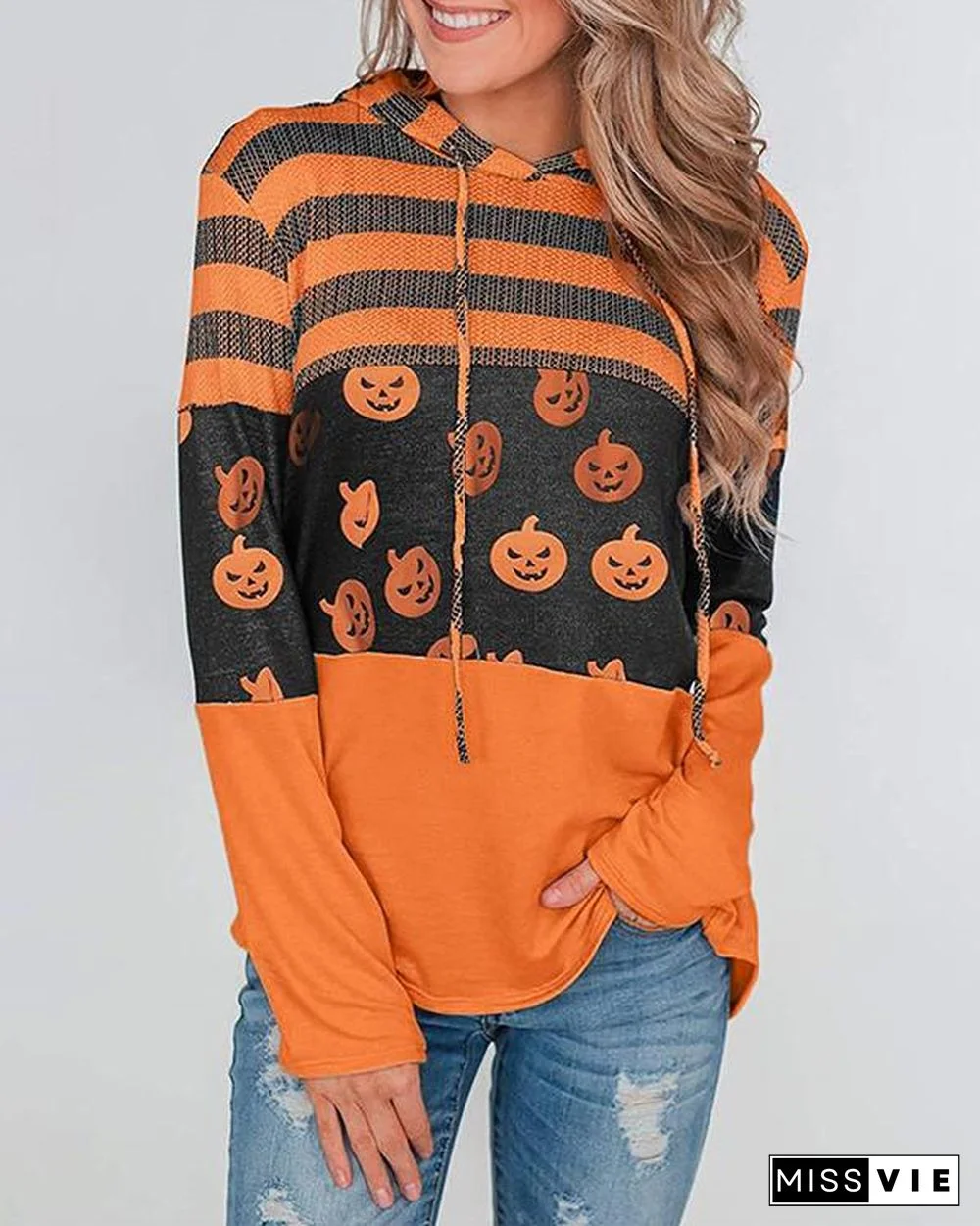 Pumpkin Print Color Block Splicing Drawstring Hoodies