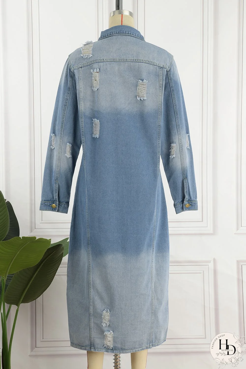 Deep Blue Casual Solid Ripped Patchwork Turndown Collar Long Sleeve Regular Denim Jacket