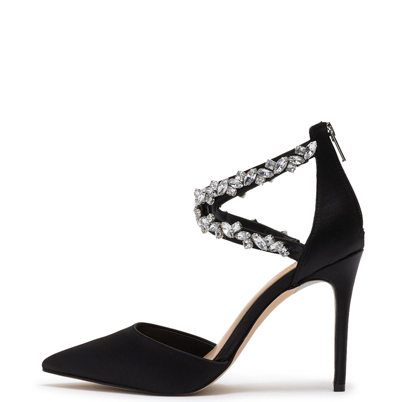 TAAFO Black Crystal Stilettos Satin Woman Pumps High Thin Heels Pointed Toe Ladies Evening Party Shoes