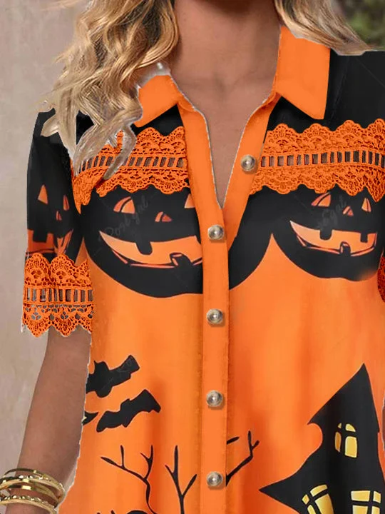 Women's Short Sleeve V-neck Lace Stitching Graphic Hollow Buttons Top