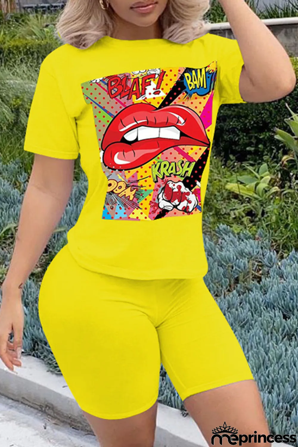 Orange Casual Letter Print Split Joint O Neck Short Sleeve Two Pieces