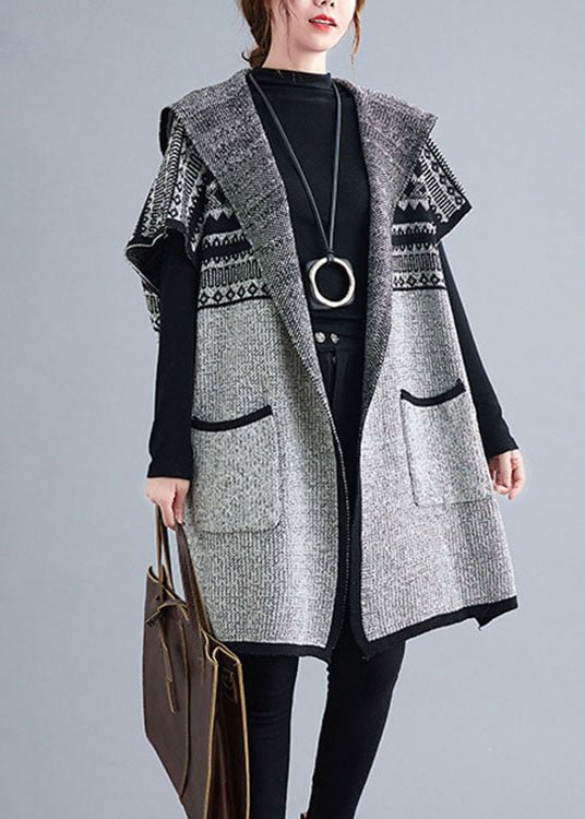Boho Grey hooded Short Sleeve Pockets Loose Fall Knit Sweater Cardigans CK520- Fabulory