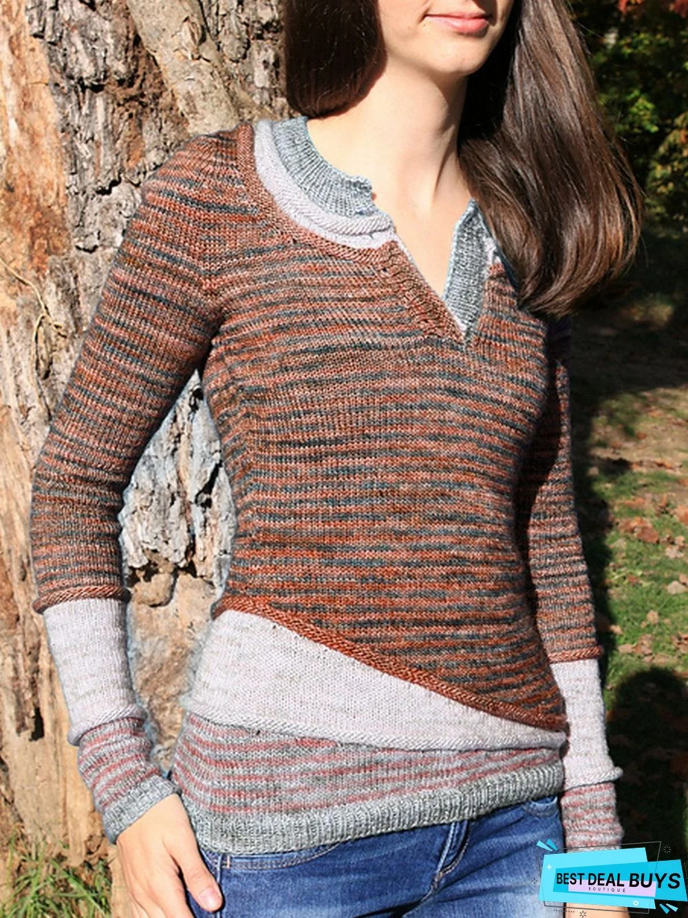 Blue Casual Plain Paneled Sweater