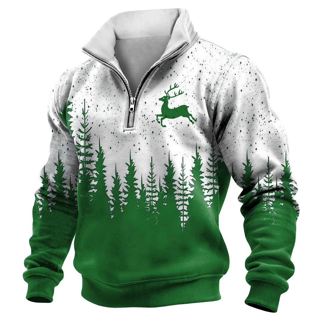 Men's Vintage Christmas Tree And Reindeer Print 1/4 Zip-Up Stand Collar Sweatshirt-inspireuse