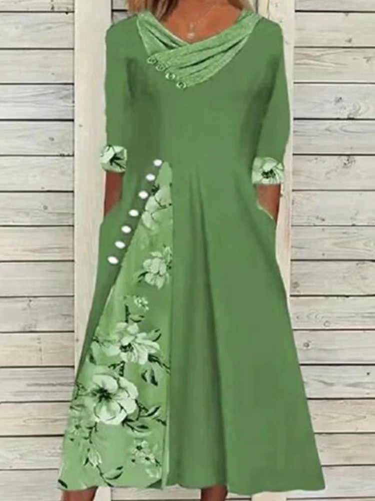Vintage Half Sleeve Print Splicing Midi Dress Elegant Loose Pullover Party Dresses Women Summer Casual Cross V Neck Button Dress