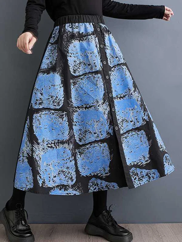Chic Loose Blue Elasticity Contrast Color Printed Split-Joint A-Line Skirt