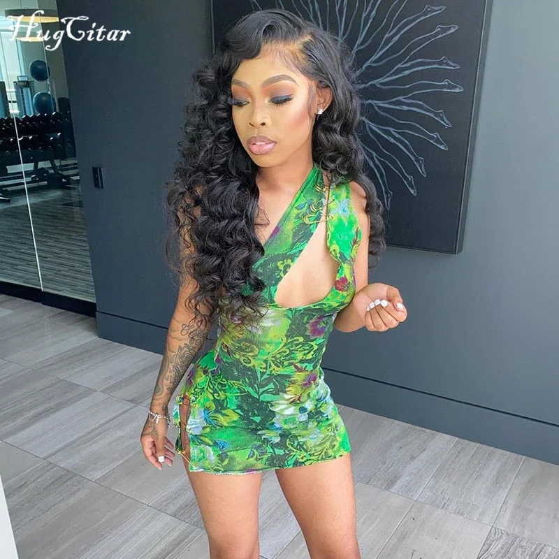 Hugcitar 2021 Sleeveless One-Shoulder Floral Print Bodycon Sexy Dress Summer Women Fashion Hollow Out Streetwear