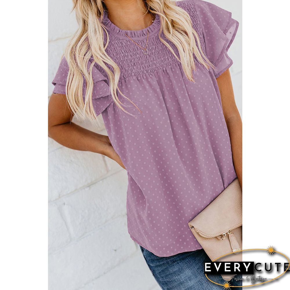 Purple Jacquard Layered Ruffle Short Sleeve Tops