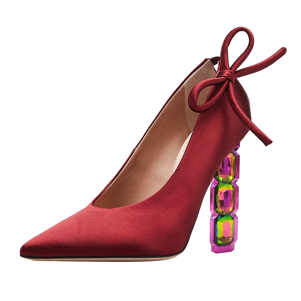 Maroon Satin Pointed Toe 4'' Decorative Heel Pumps Nicepairs