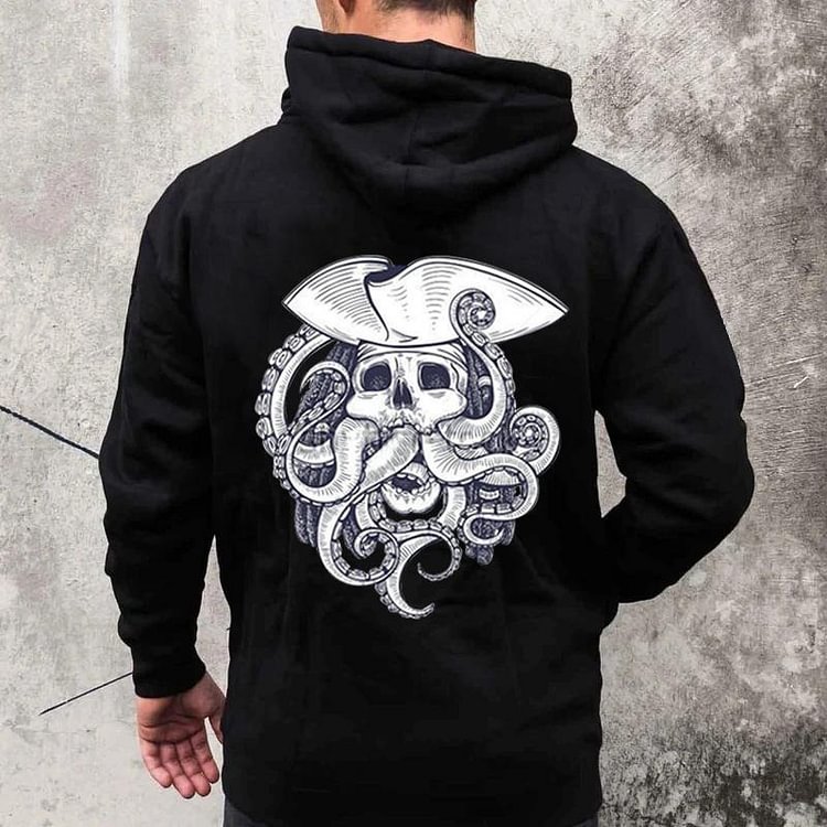 Black Pirate Print Hooded Hoodies