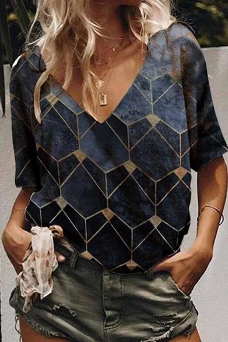 Geometric Print Pattern V-Neck Short Sleeves Tops