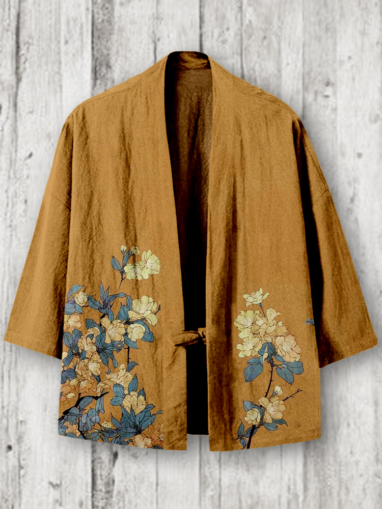 menweary Vintage Floral Pattern Japanese Linen Blend Kimono Cardigan