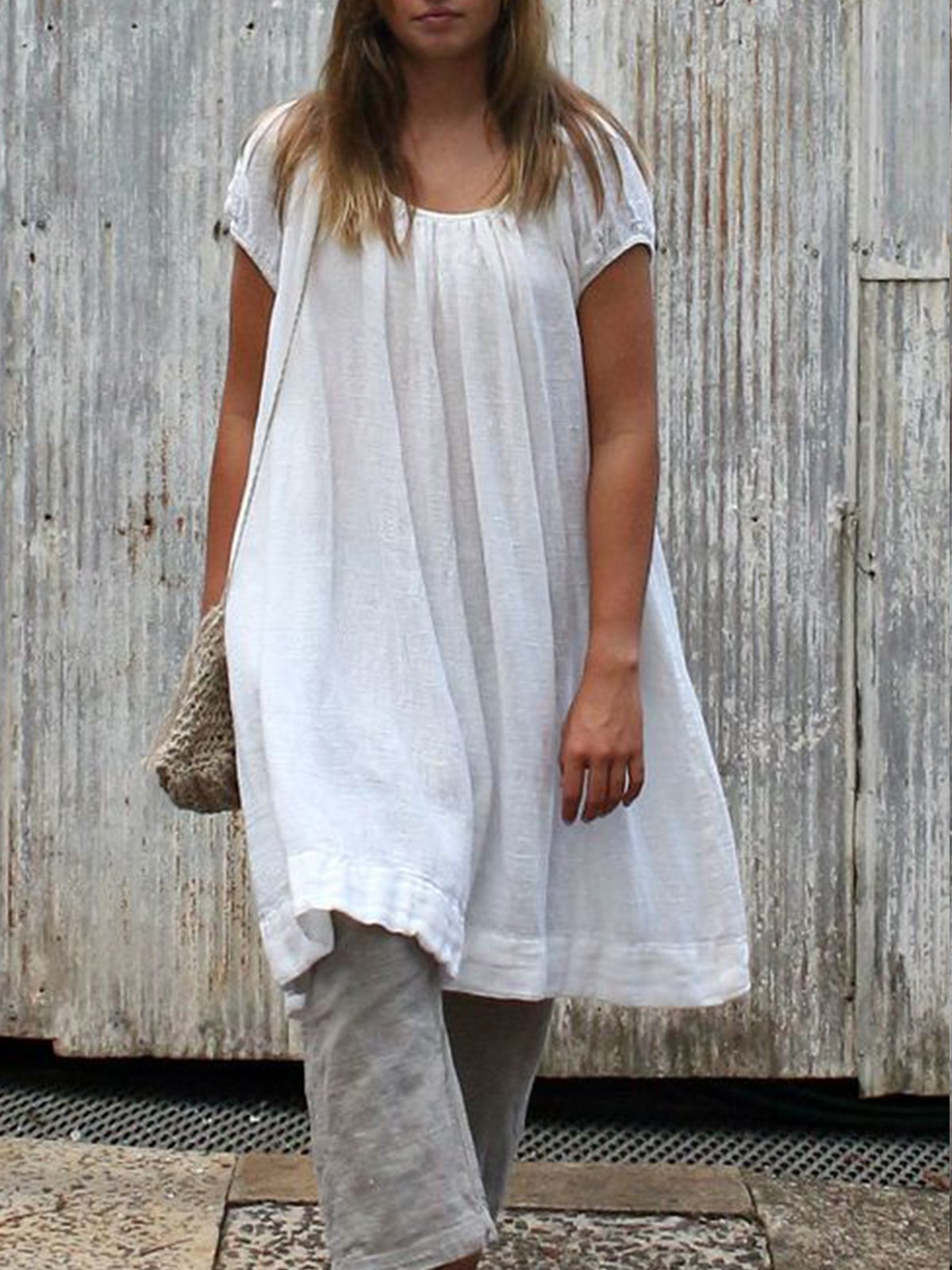 Round Neck Short Sleeve Flounce Casual Dresses