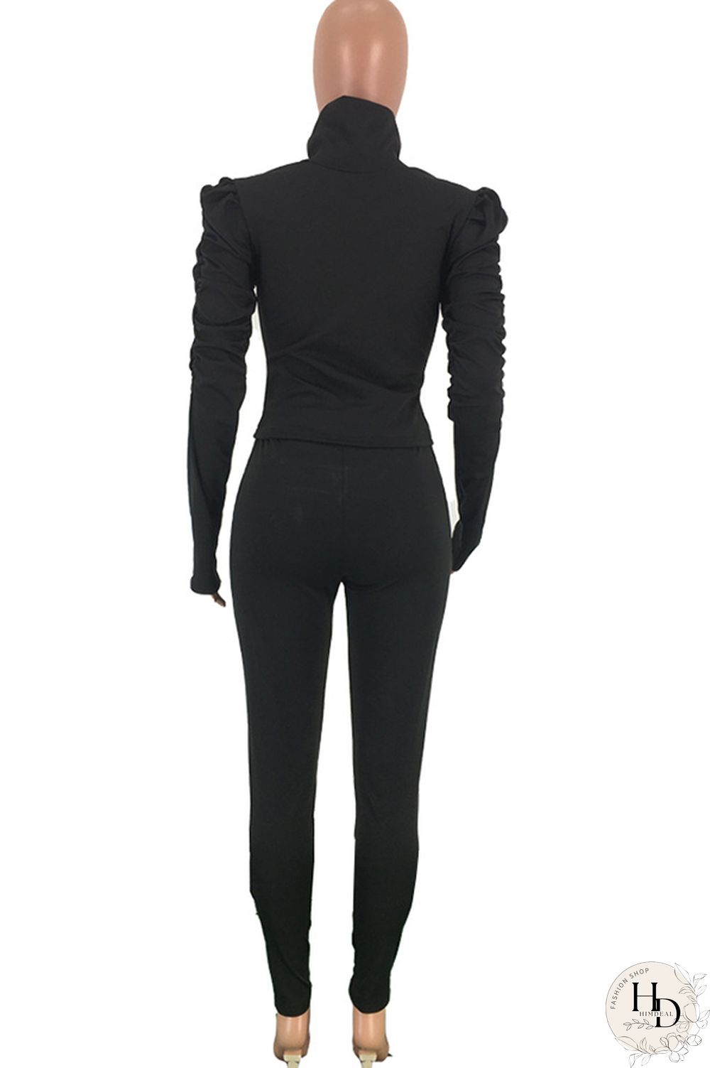Black Polyester Casual Two Piece Suits Solid pencil Long Sleeve Two-piece Pants Set