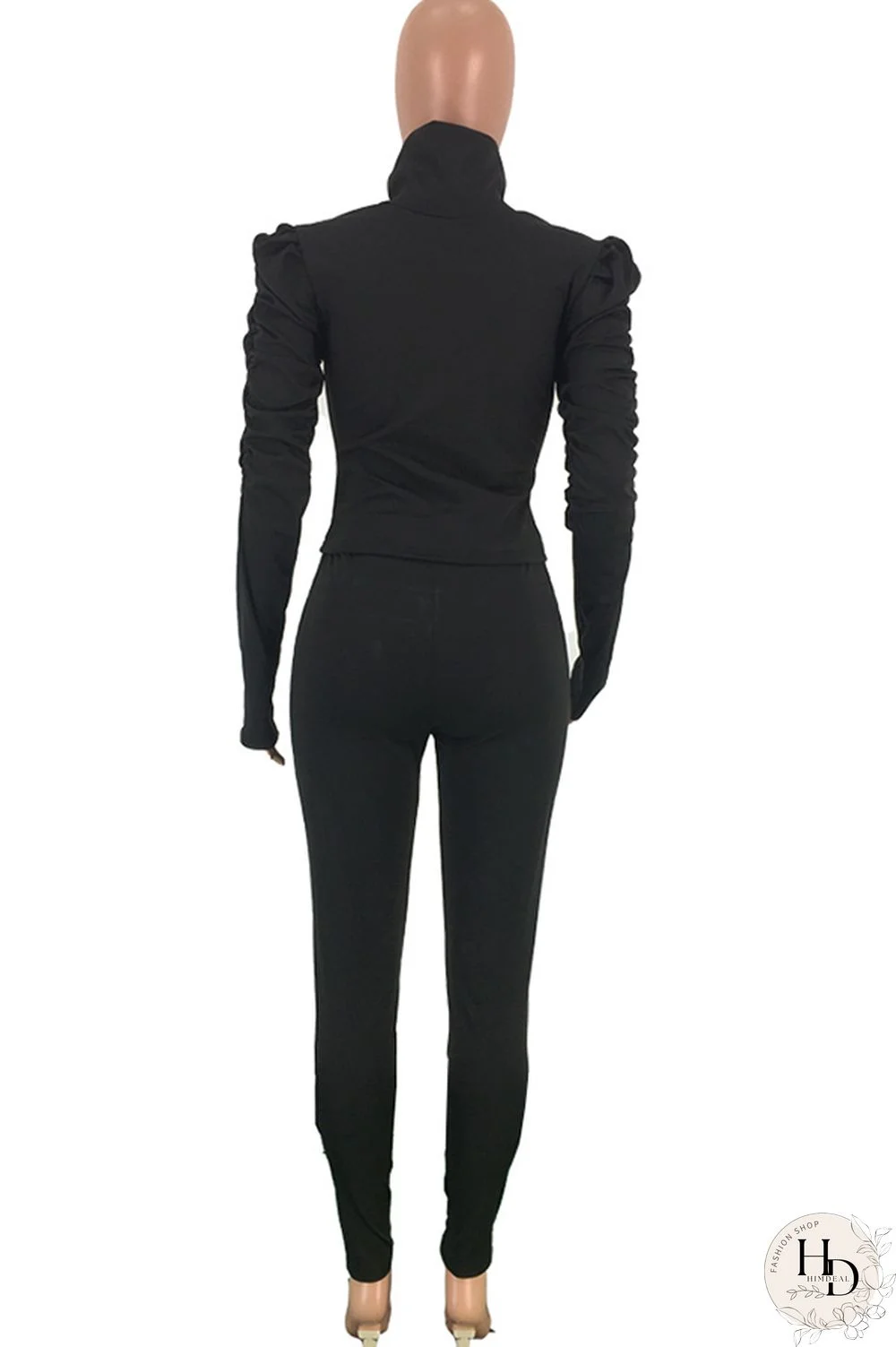 Black Polyester Casual Two Piece Suits Solid pencil Long Sleeve Two-piece Pants Set