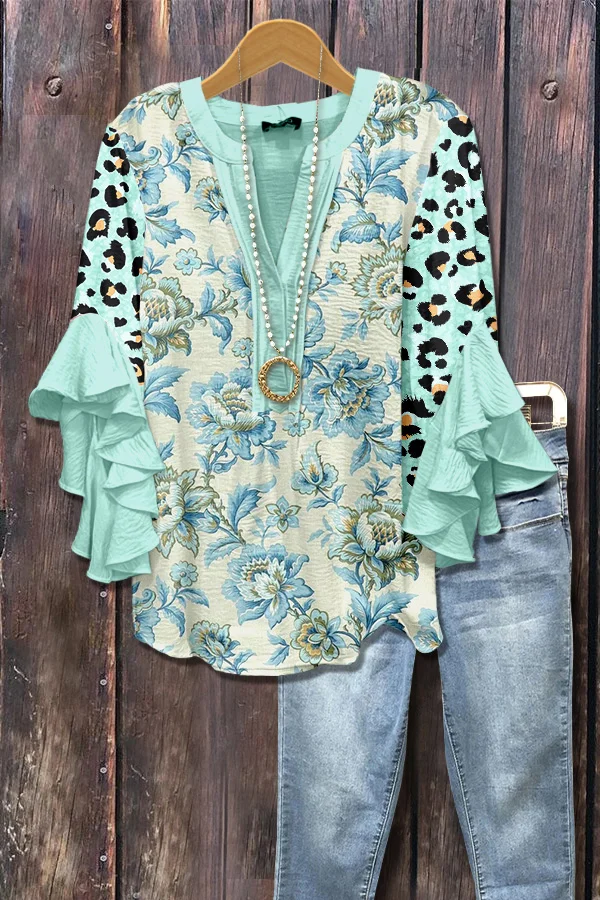 Vintage Floral Print Leopard Ruffle Sleeve Top