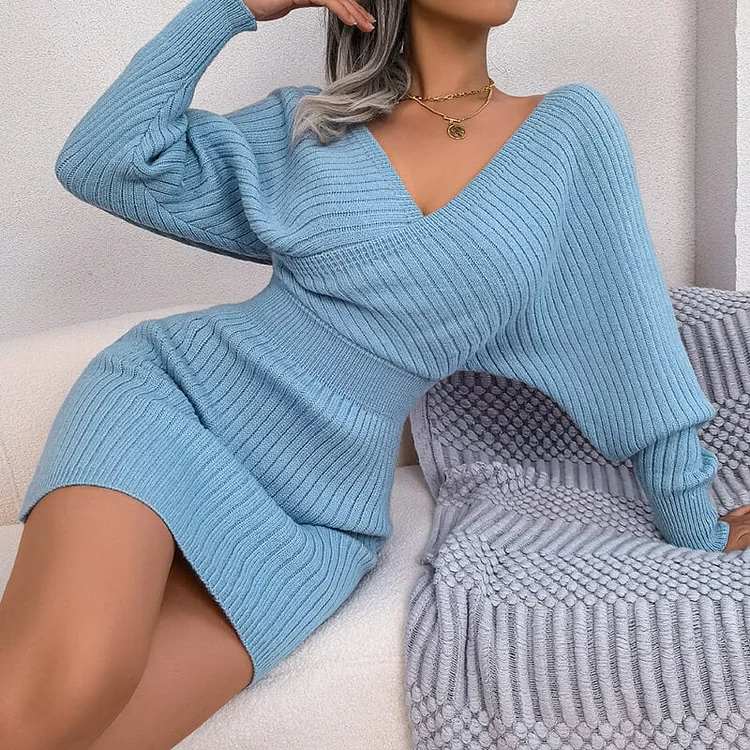 💕V-Neck Bat Dress Hip Wrap Dress Woolen Dress💕Free shipping